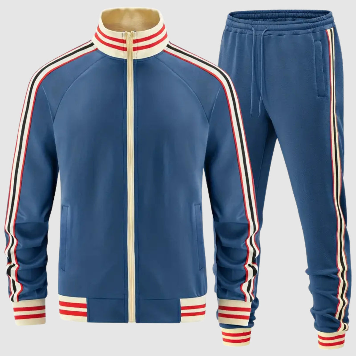 Blue retro track jacket and trousers with cream, red and black contrast stripes | Chaps London