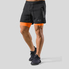 Black and orange 2-in-1 running shorts with a logo print, front view