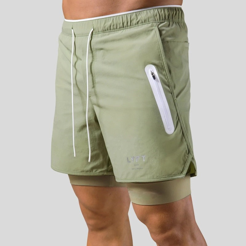 Green 2-in-1 running shorts with a logo print