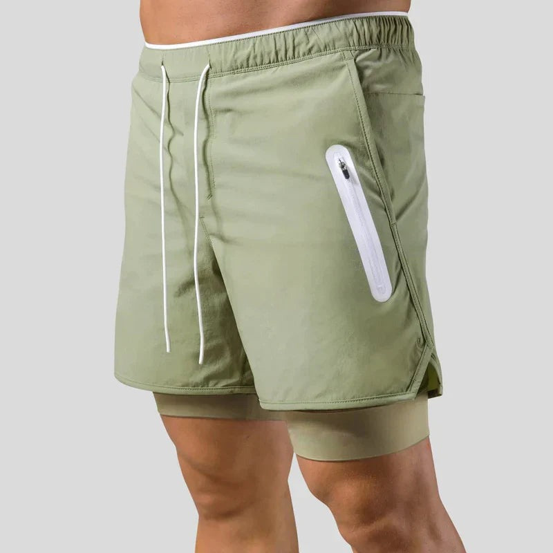 Green 2-in-1 running shorts with a white zip pocket