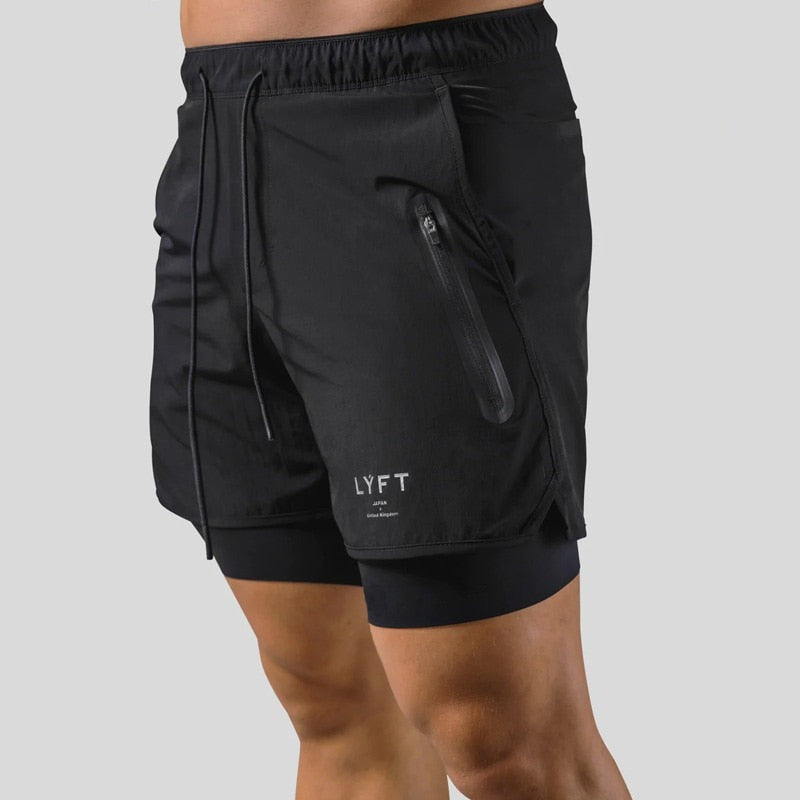 Black 2-in-1 running shorts with a logo print, front angled view