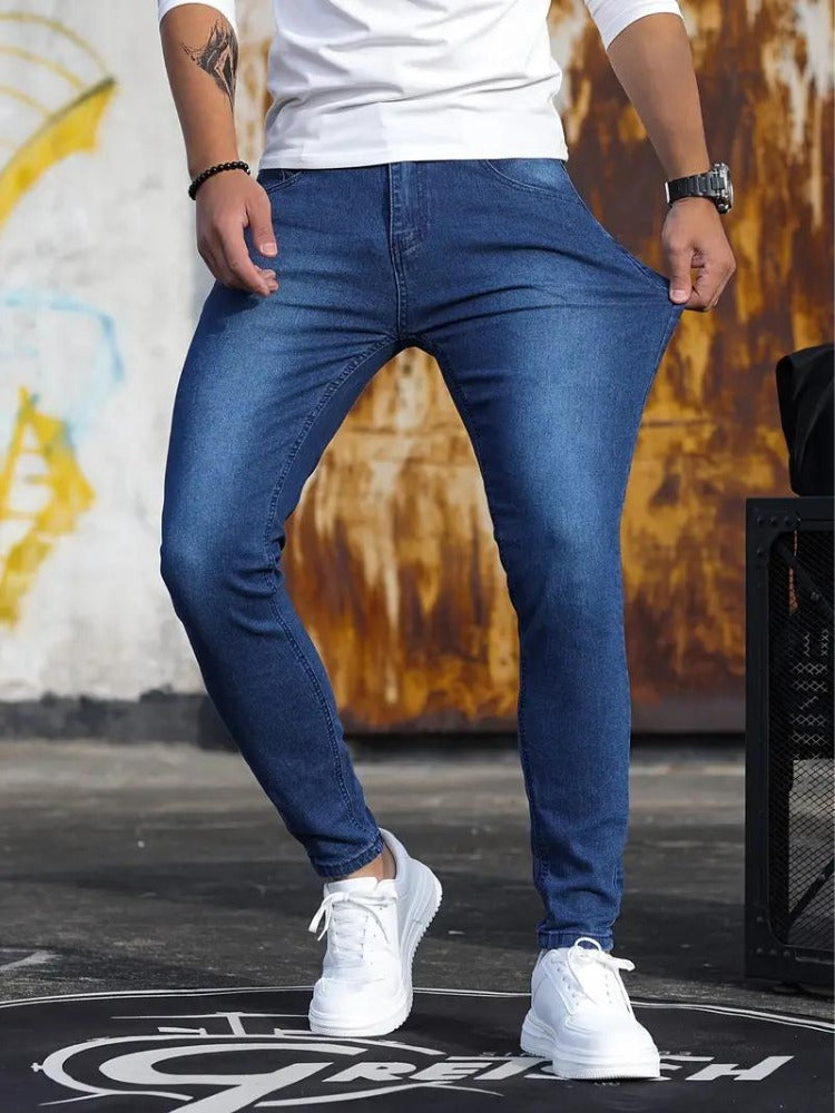 Stretch shown at the hip of the blue skinny jeans