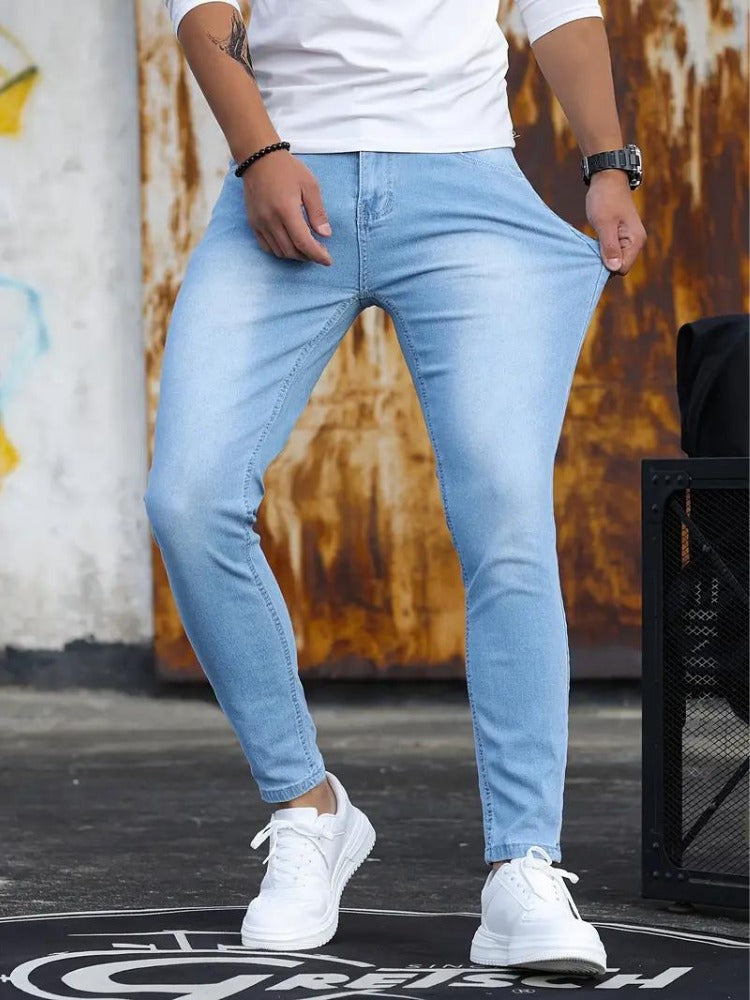 Stretch shown at the hip of the light blue skinny jeans