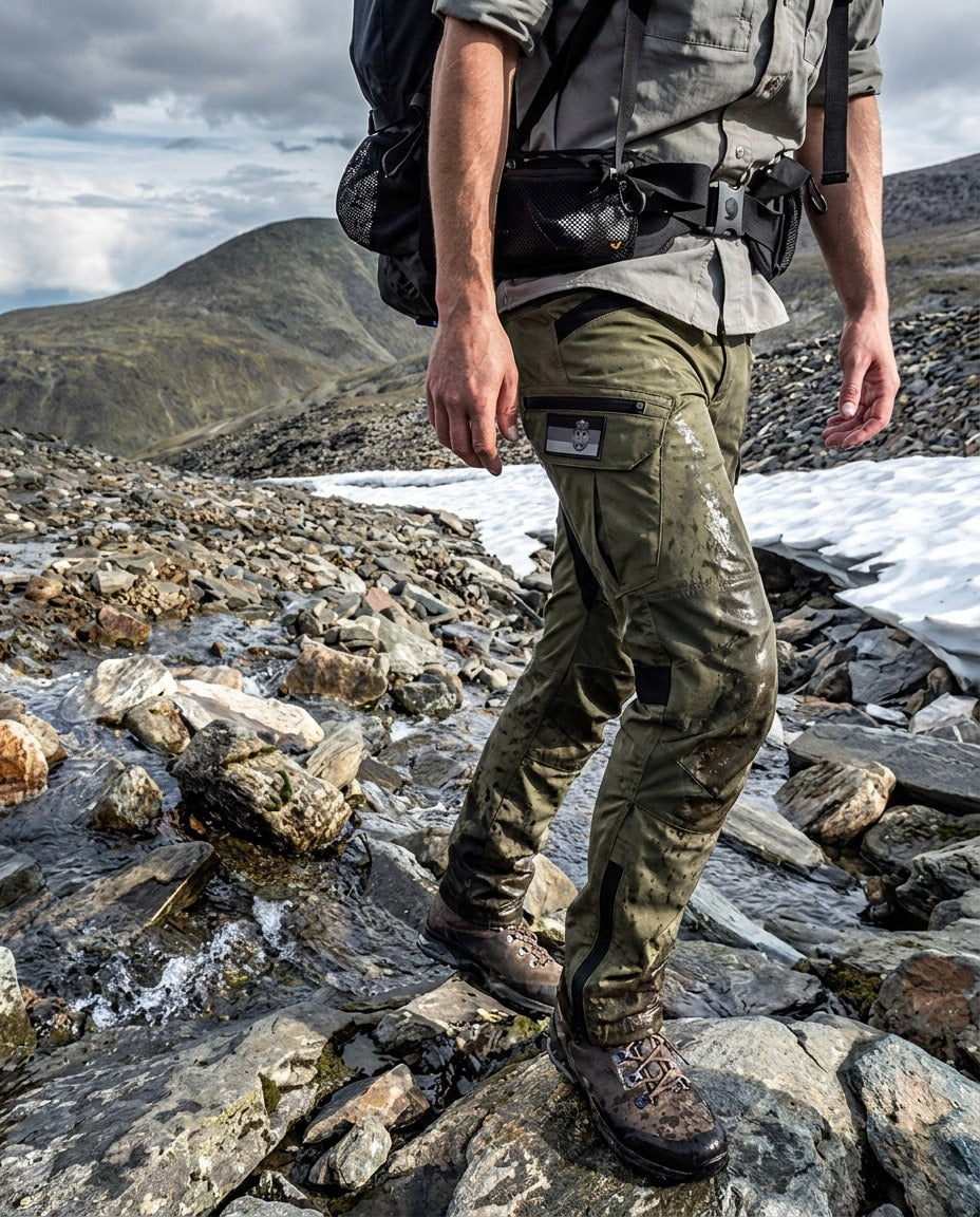 Hiker in olive green tactical cargo trousers on a rocky mountain path | Chaps London