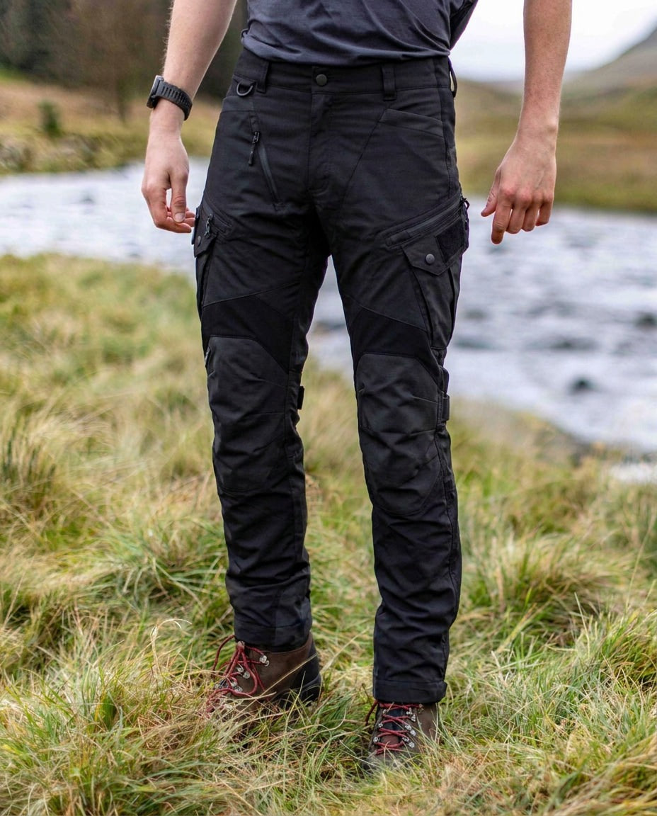 Man in black tactical cargo trousers standing by a river | Chaps London