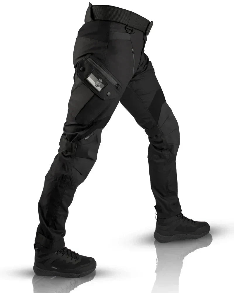 Men's black tactical cargo trousers, three-quarter view | Chaps London