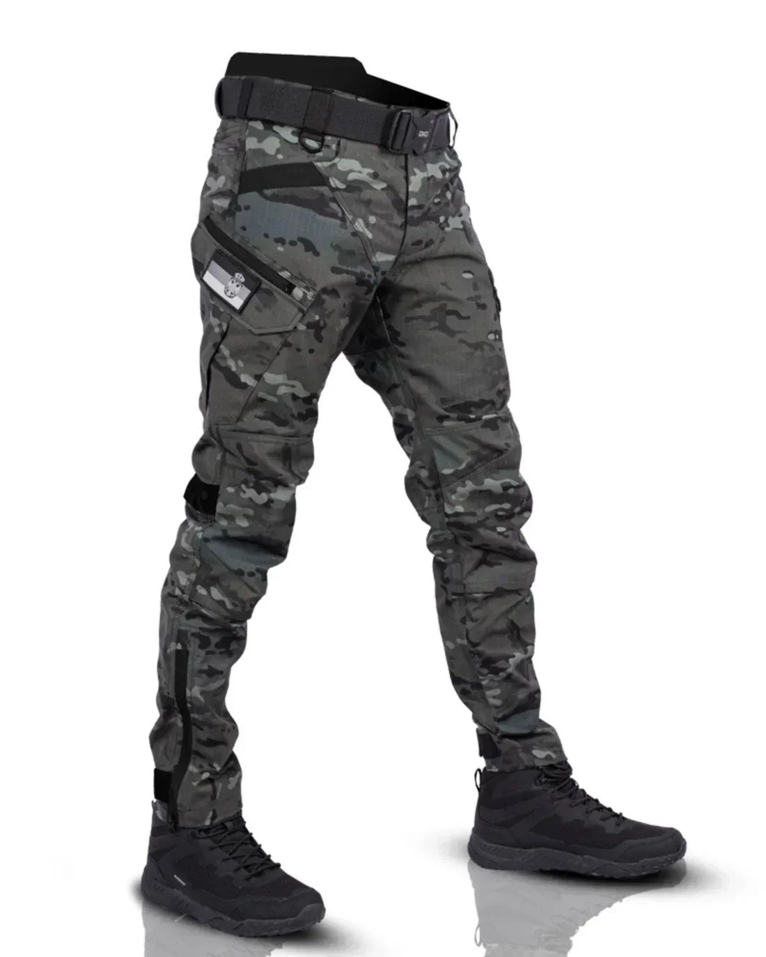Men's dark camo tactical cargo trousers, three-quarter view | Chaps London