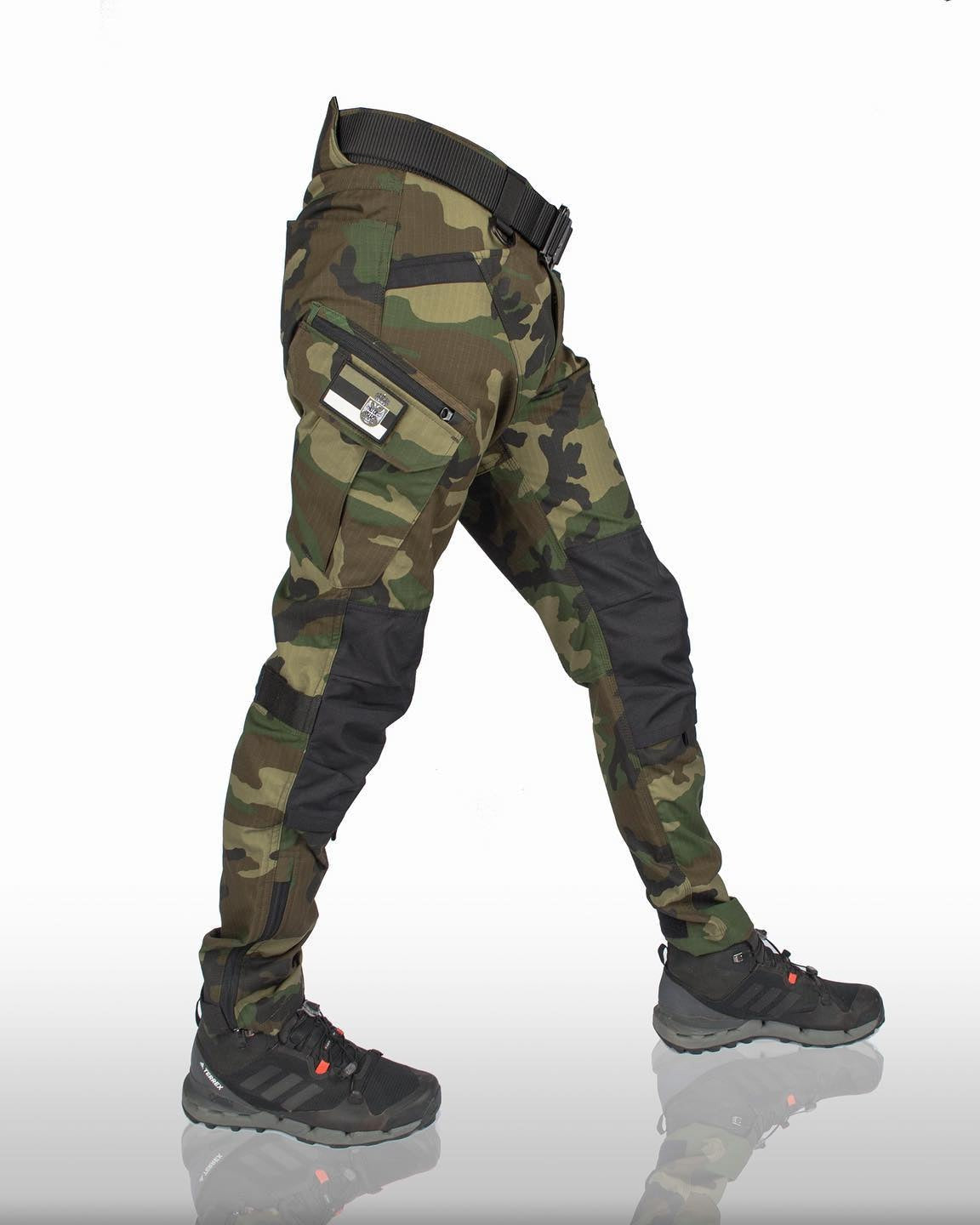 Men's woodland camo tactical cargo trousers, three-quarter view | Chaps London