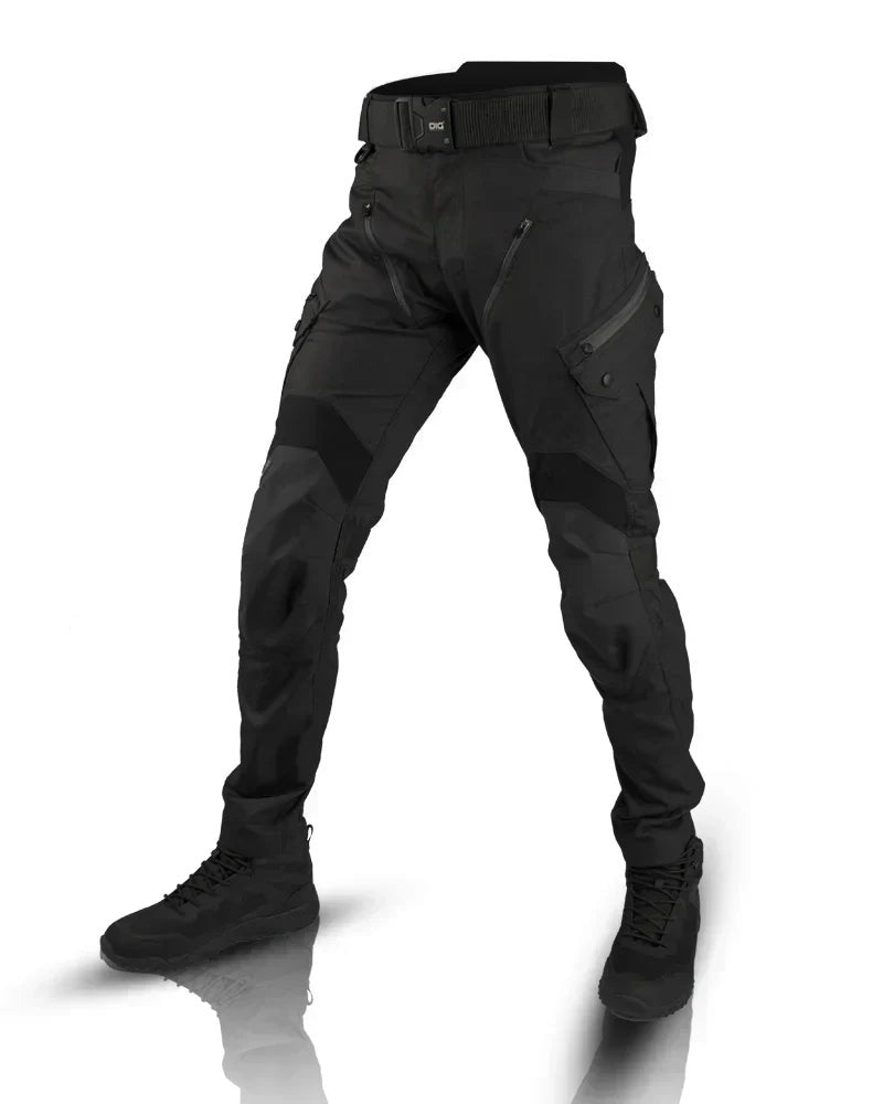 Men's black tactical cargo trousers, front view | Chaps London