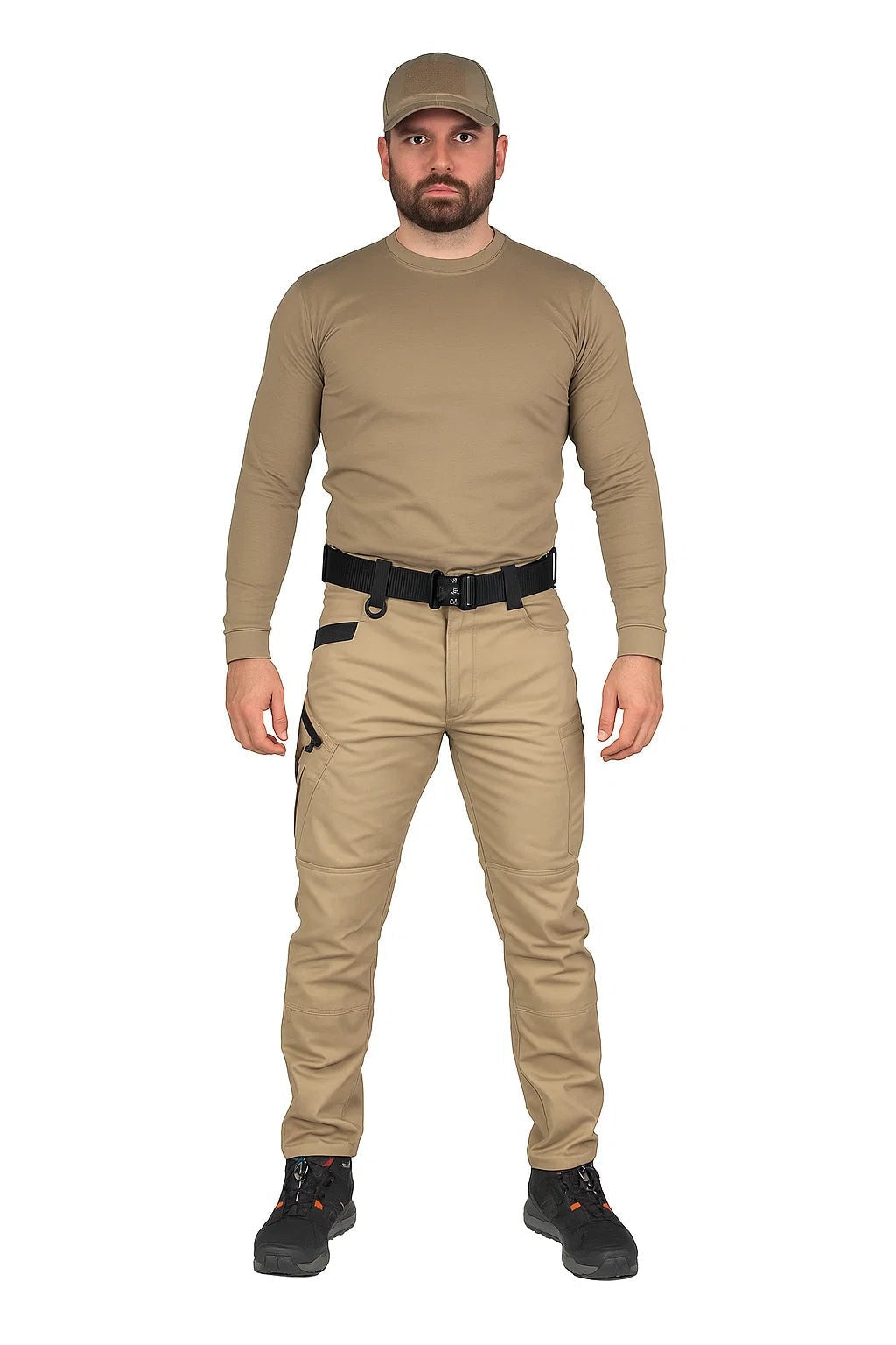 Man wearing khaki tactical cargo trousers with a matching top and cap | Chaps London