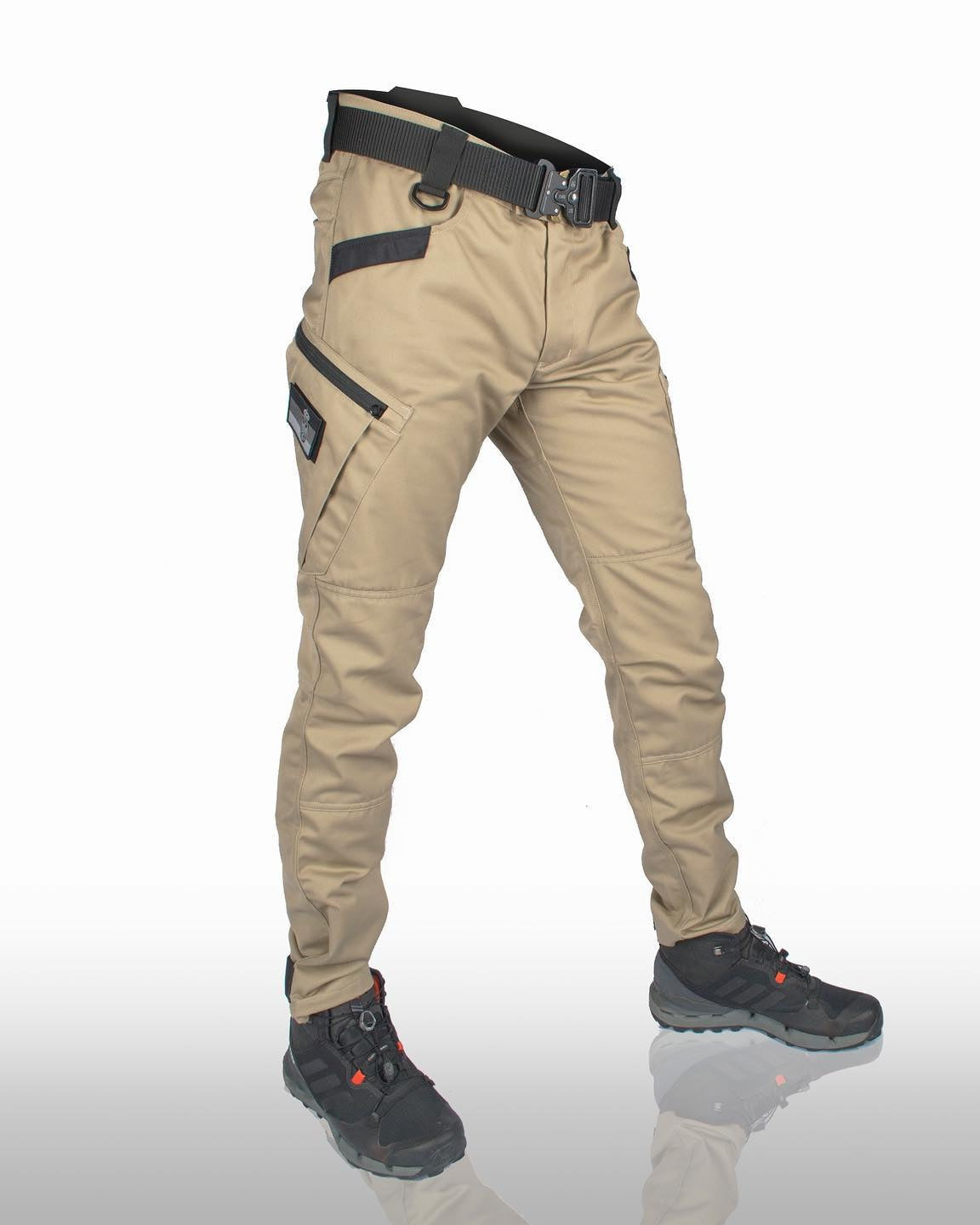 Men's khaki tactical cargo trousers with a black belt, side view | Chaps London