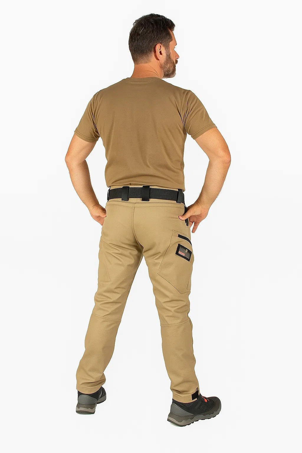 Man wearing khaki tactical cargo trousers, back view | Chaps London
