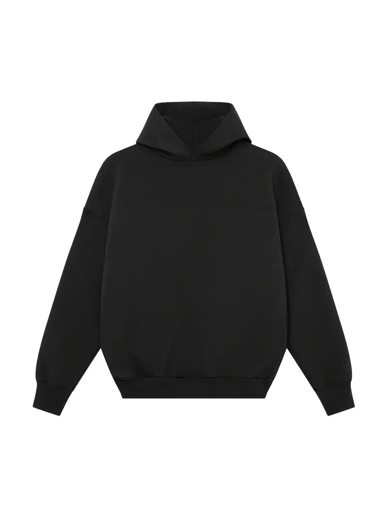 Black oversized hoodie, flat lay, plain fleece fabric, ribbed cuffs and hem | Chaps London