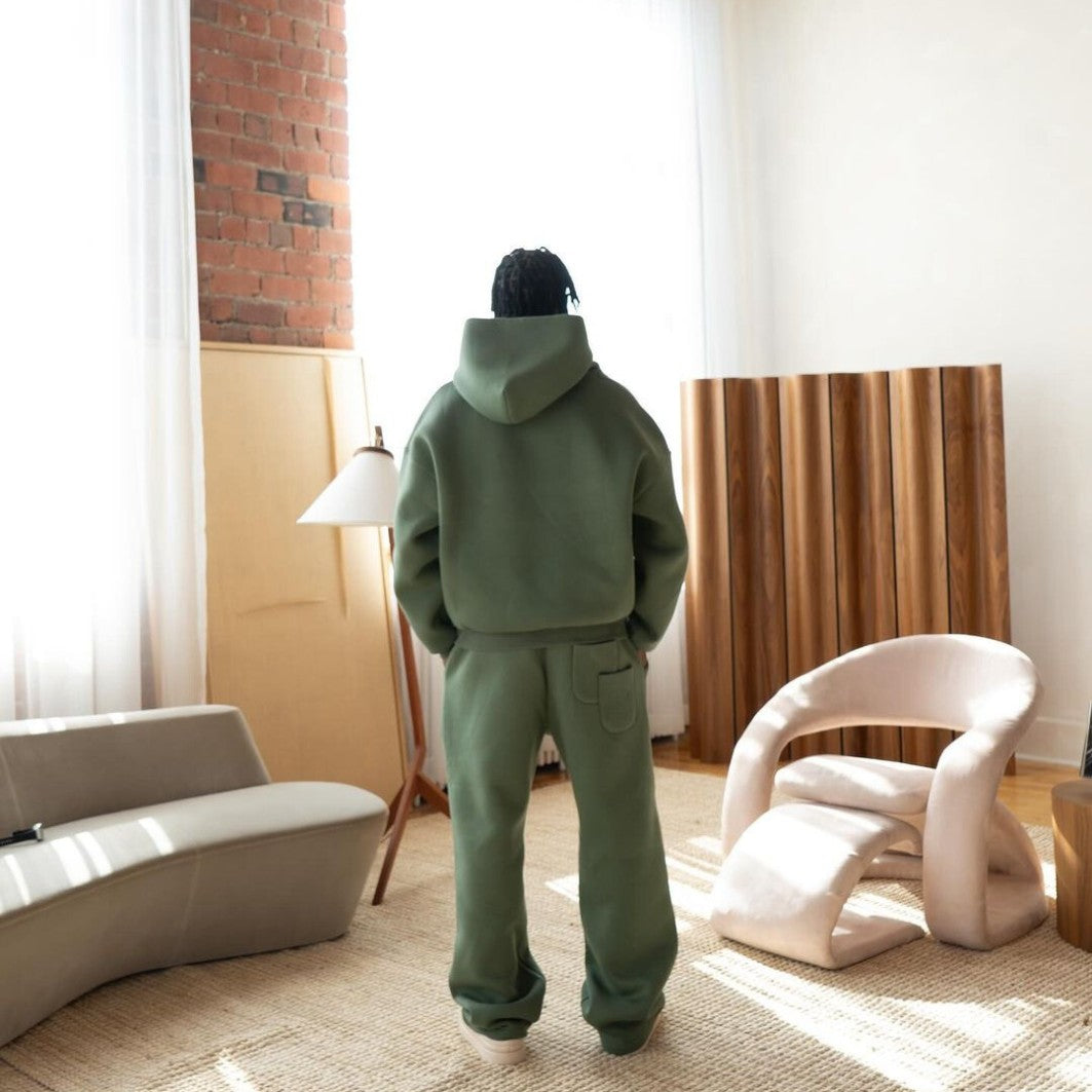 Men's sage green tracksuit set, back view