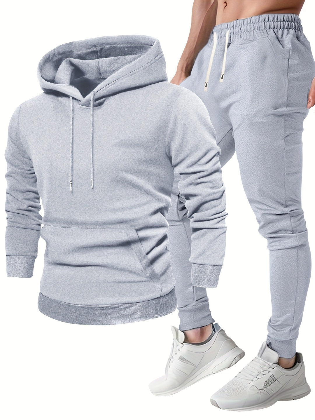 Grey pullover hoodie shown next to the matching joggers | Chaps London