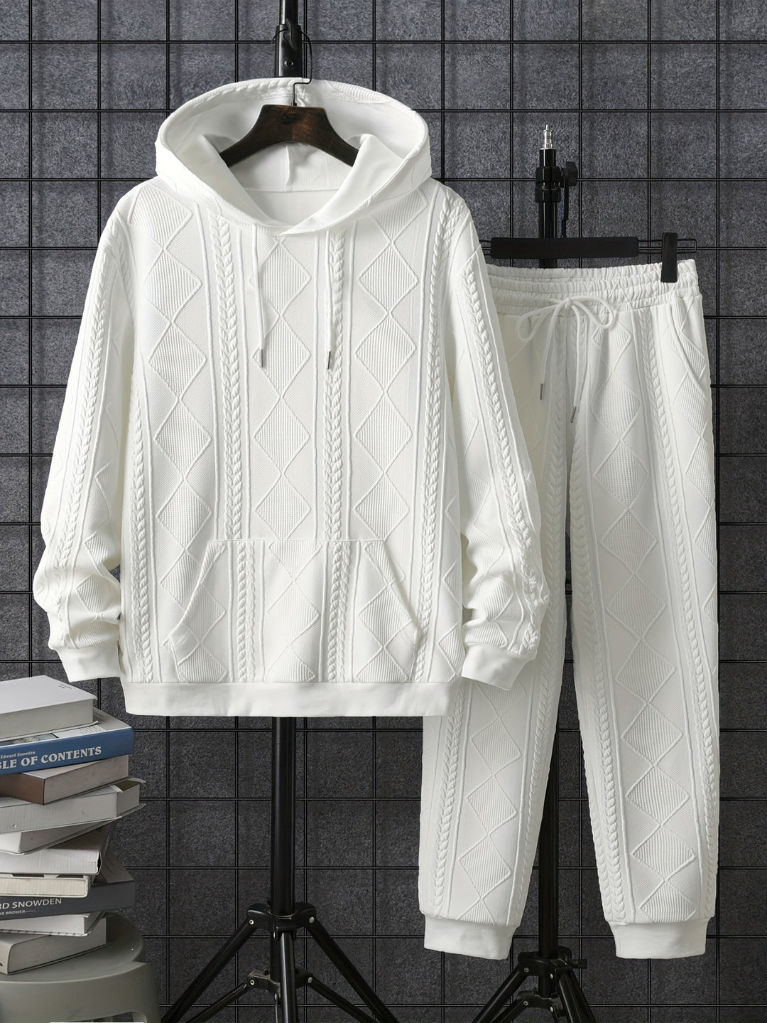 White textured hoodie and joggers set on hangers, front view | Chaps London