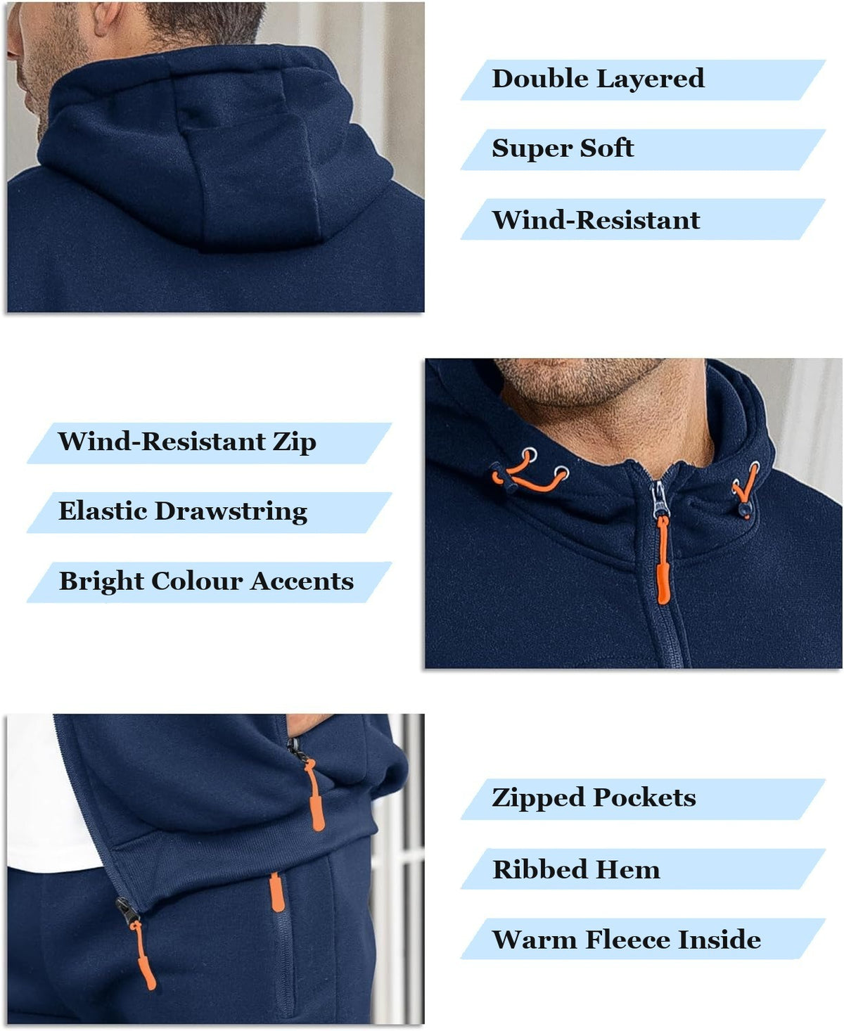 Close-ups of the hood, the zip pulls and the zipped pockets on the navy tracksuit | Chaps London