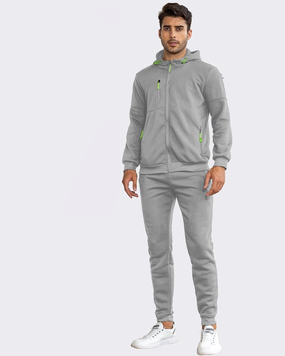 Man in a light grey zip hoodie and joggers tracksuit, front view | Chaps London