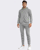 Man in a light grey zip hoodie and joggers tracksuit, front view | Chaps London