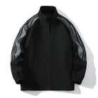 Men's black zip-up track jacket with a stand collar and striped sleeves