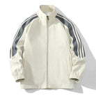 Men's off-white zip-up track jacket with a stand collar and striped sleeves