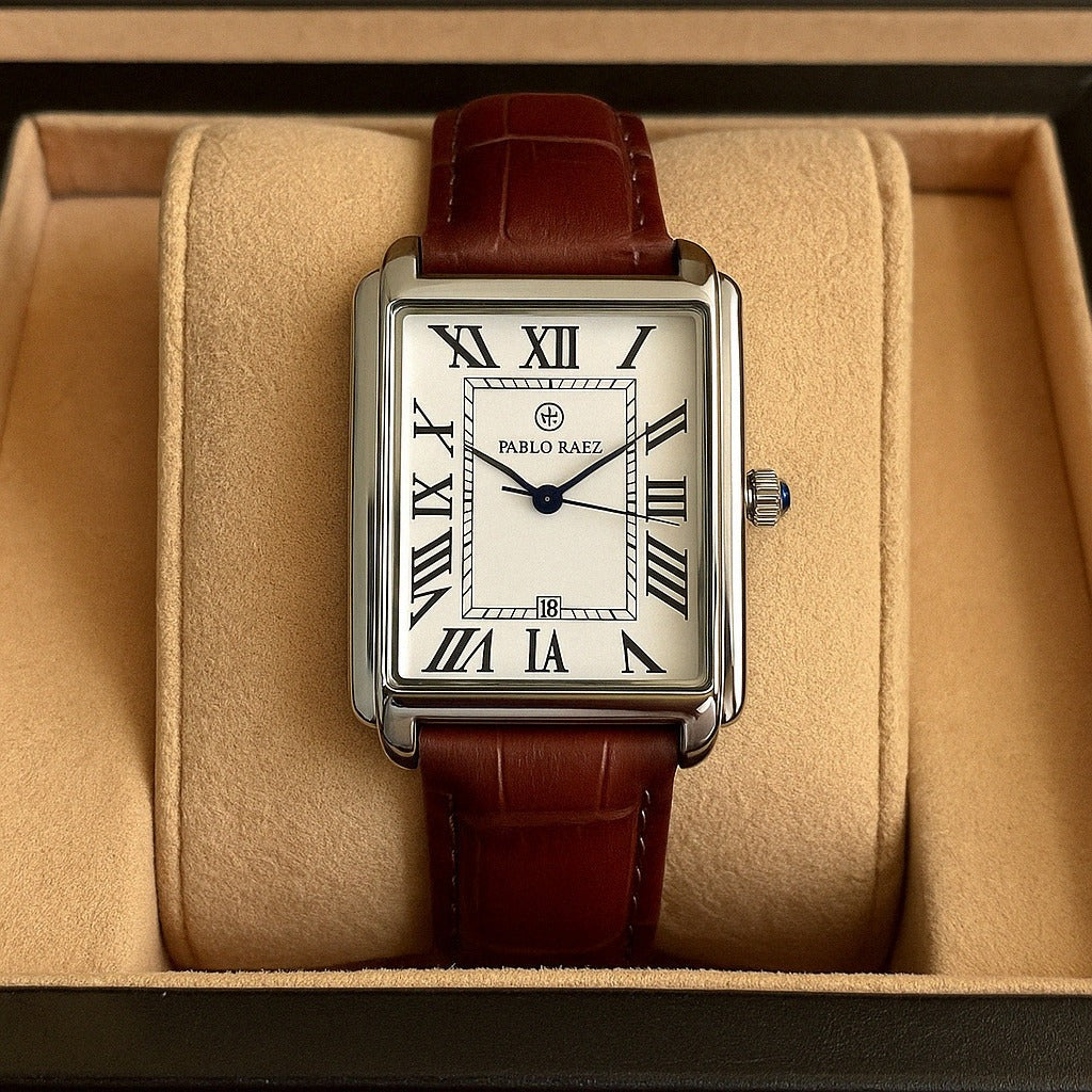 Men's rectangular watch with a silver-tone case and a brown leather strap