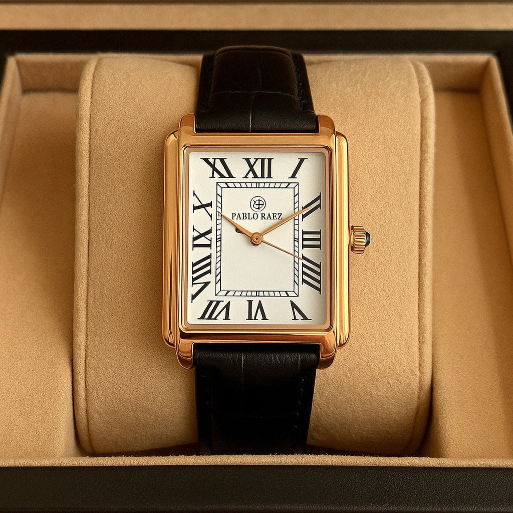 Men's rectangular watch with a gold-tone case and a black leather strap