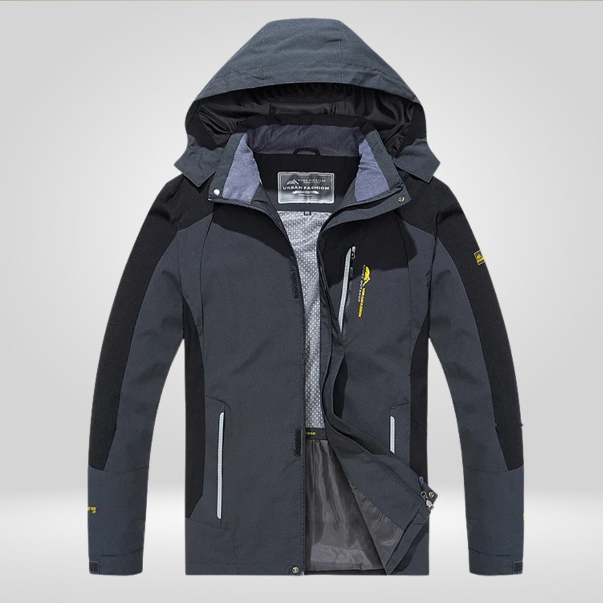 Dark grey waterproof hiking jacket with hood