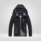 Black waterproof hiking jacket with hood