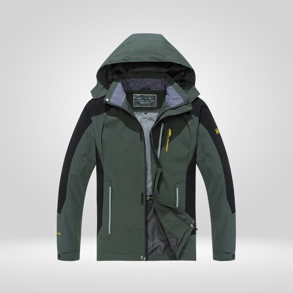 Army green waterproof hiking jacket with hood