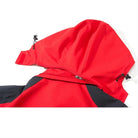 Red and black waterproof jacket hood with drawstrings, zipper detail, shown flat | Chaps London
