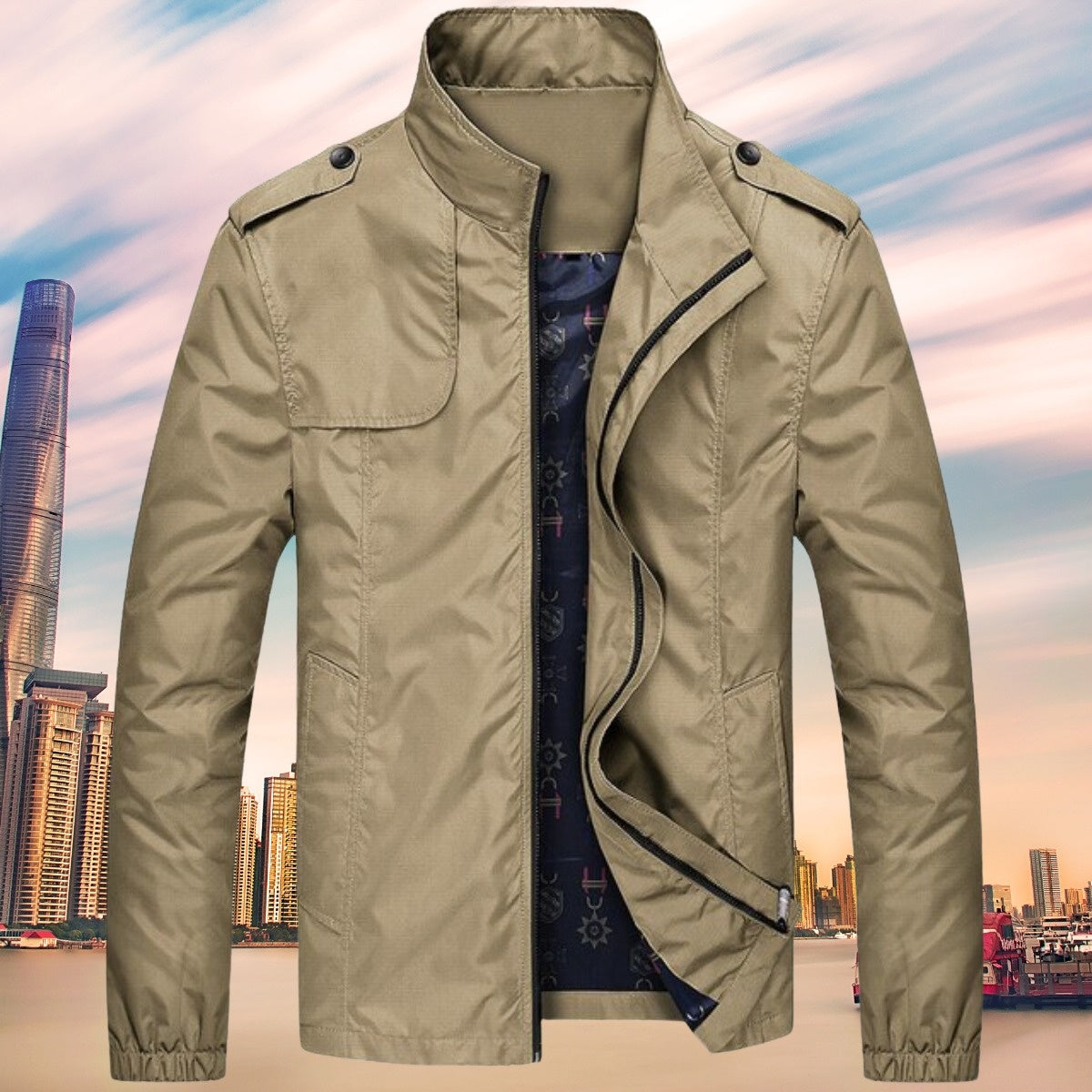 Men's khaki windbreaker with stand collar