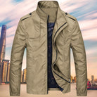 Men's khaki windbreaker with stand collar