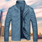 Light blue windbreaker with stand collar