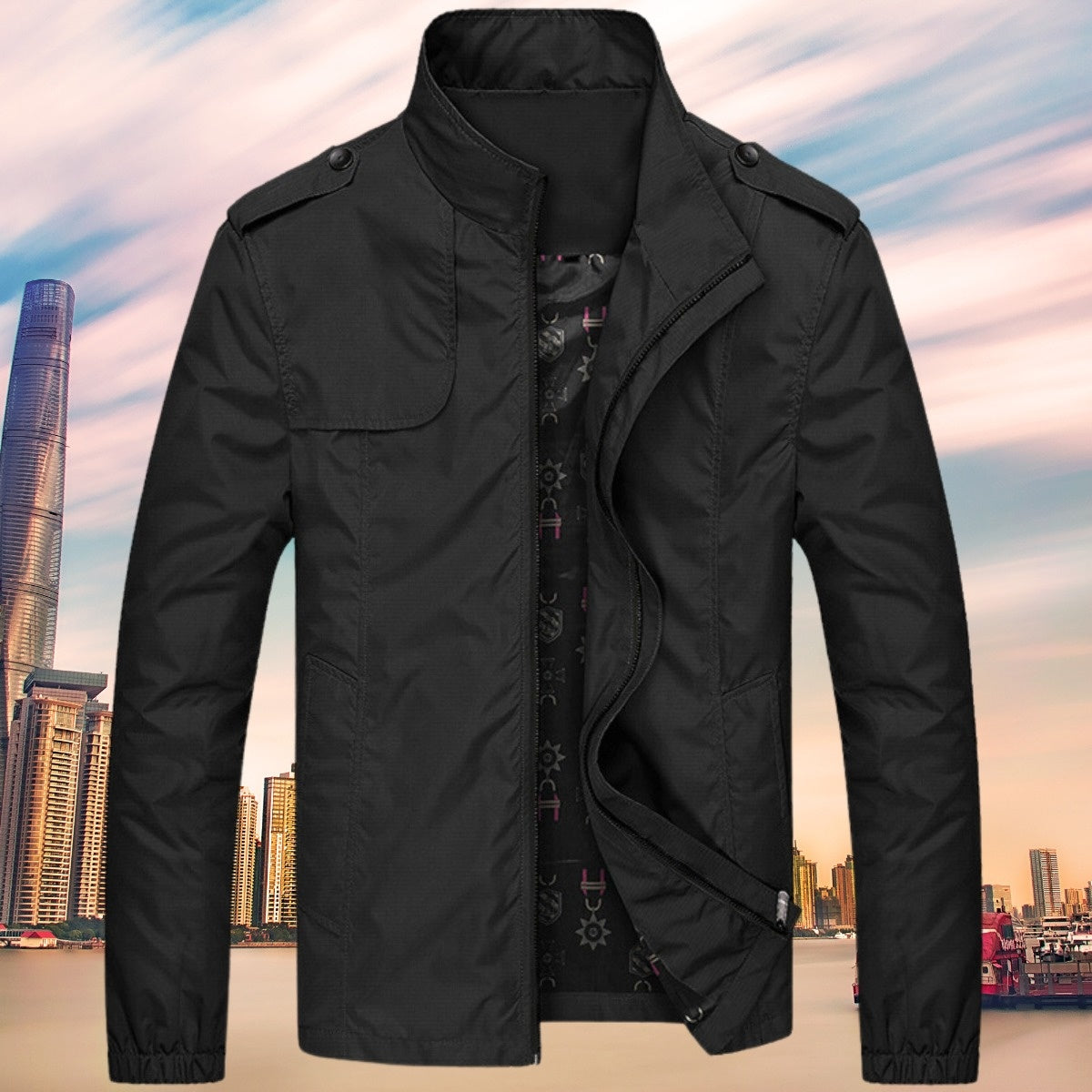 Black windbreaker with stand collar