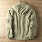 Khaki winter jacket with hood, back view