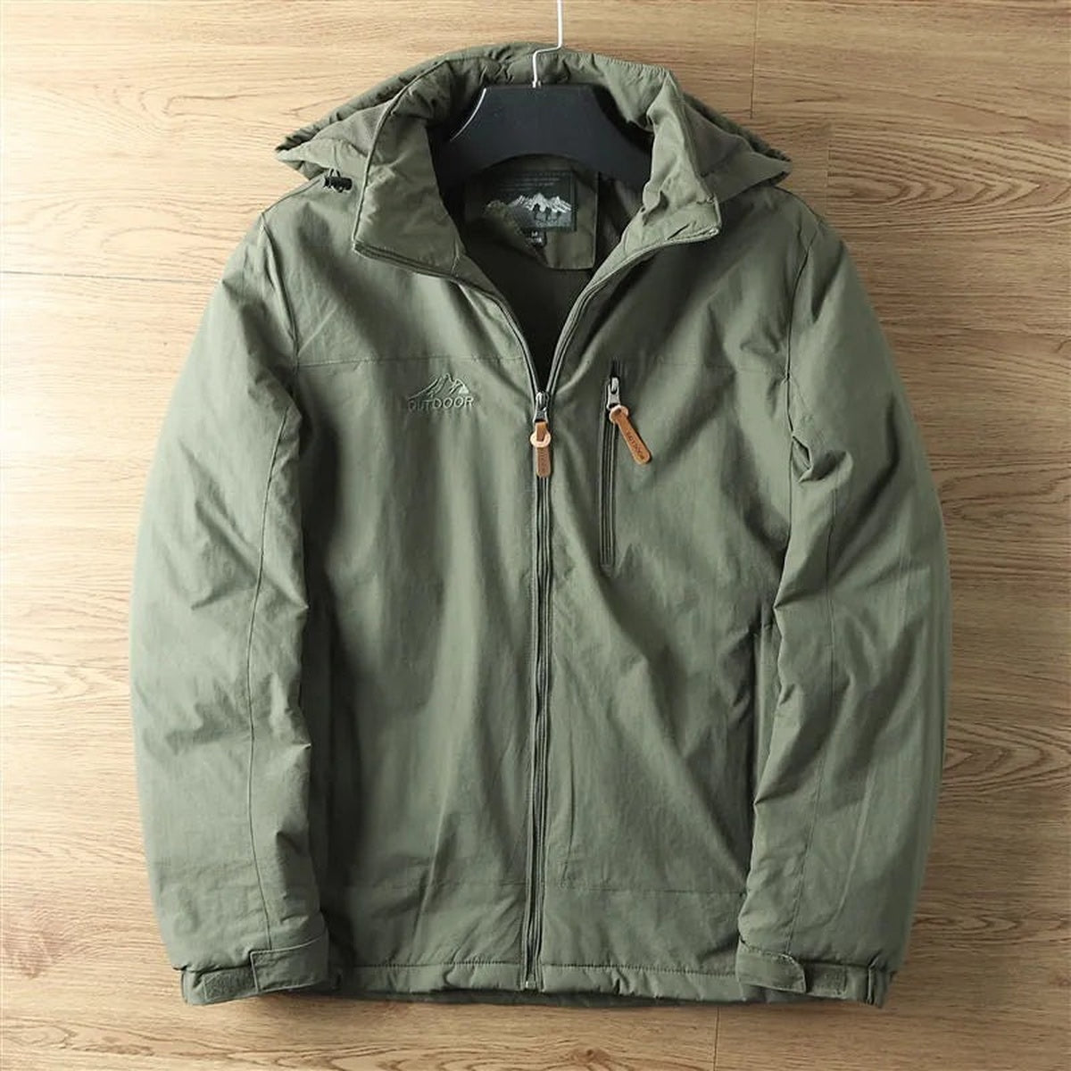Olive fleece lined winter jacket with hood