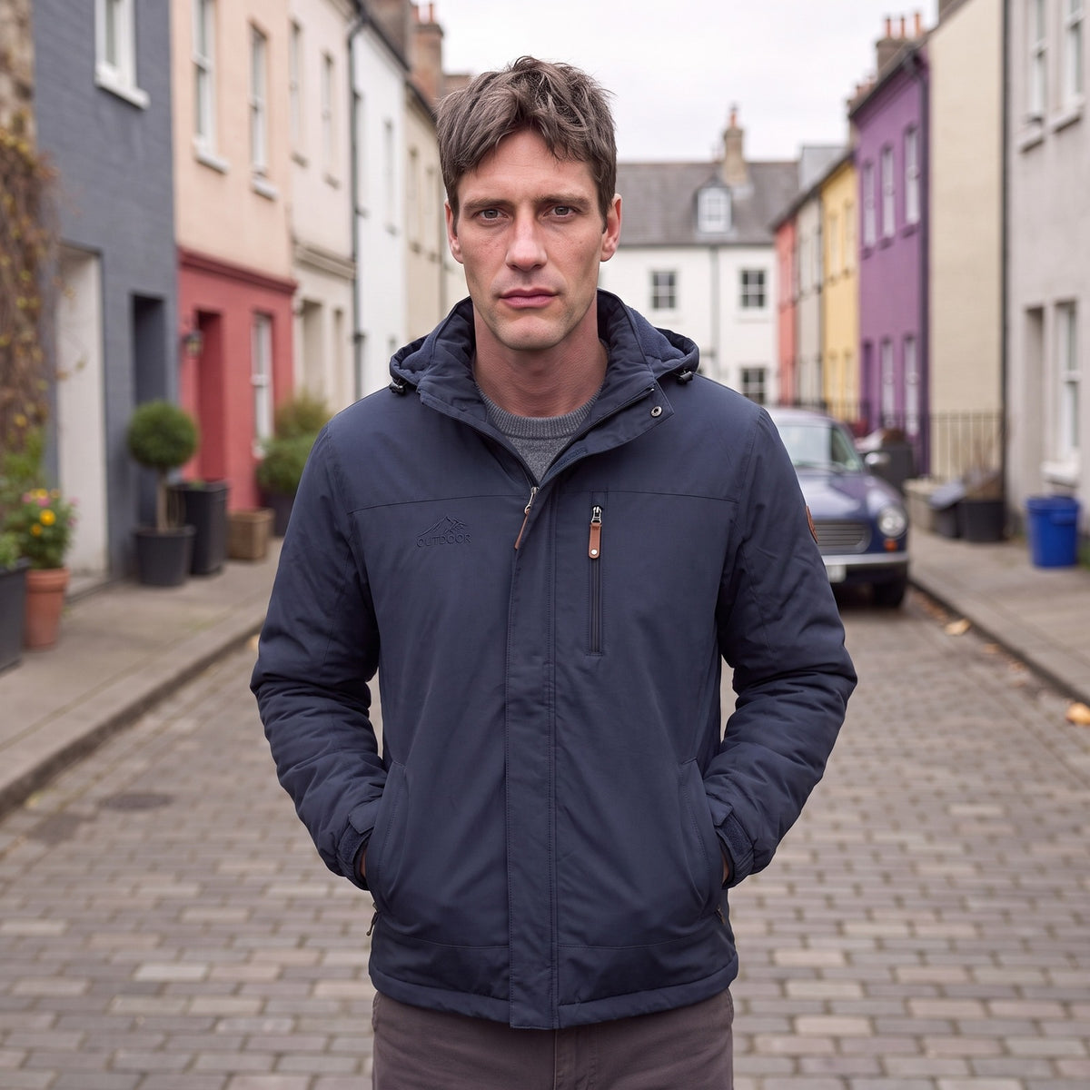 Man wearing the navy fleece lined winter jacket