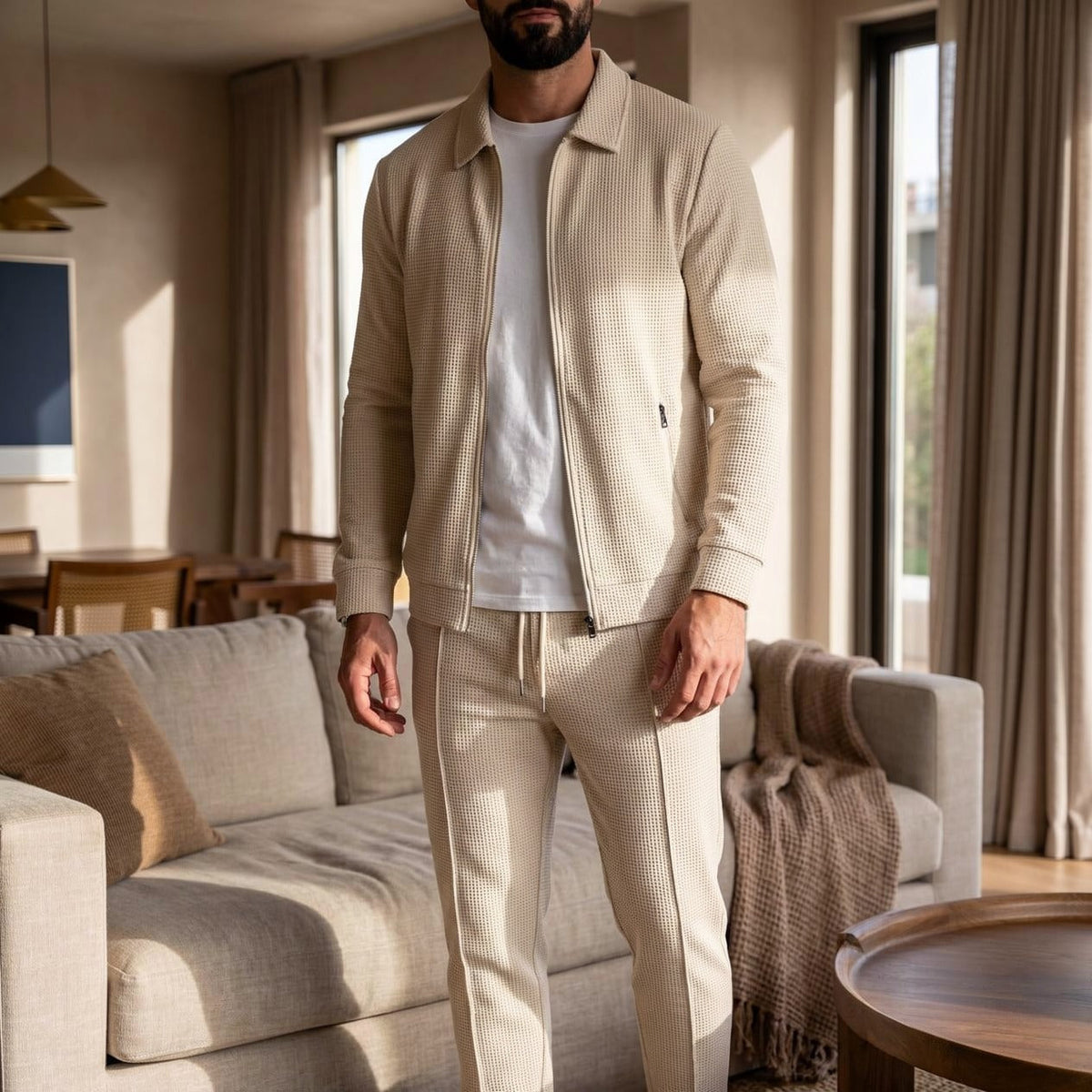 Man wearing beige waffle-texture zip jacket and matching trousers indoors | Chaps London