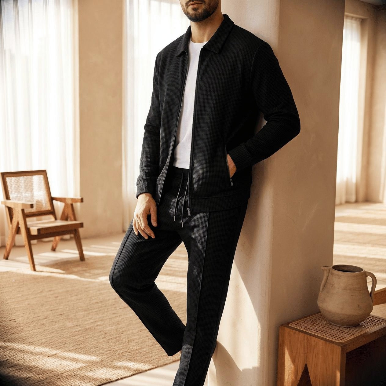 Man wearing black collared zip jacket and matching tracksuit pants indoors | Chaps London