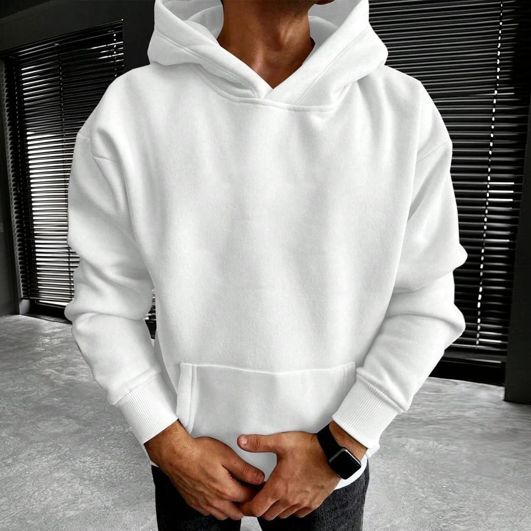 White plain hoodie with kangaroo pocket worn by a man | Chaps London