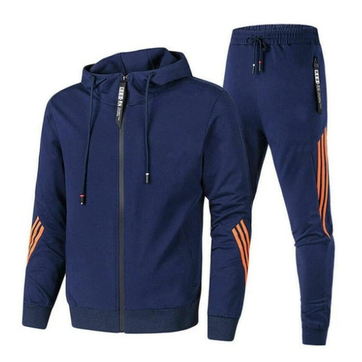 Navy blue hooded tracksuit with orange stripes, flat lay jacket and pants | Chaps London