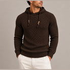 Man wearing brown basket weave knit hoodie with wooden toggle drawstrings | Chaps London