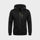 Black zip hoodie with green pulls, shown flat, hood up | Chaps London