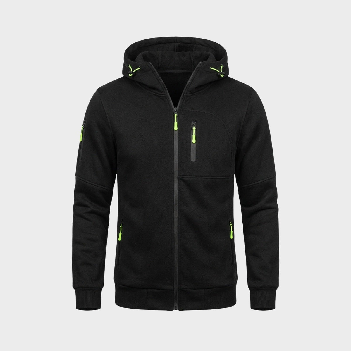 Black zip hoodie with green pulls, shown flat, hood up | Chaps London