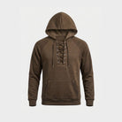 Brown lace-up hoodie with kangaroo pocket, flat lay product shot | Chaps London