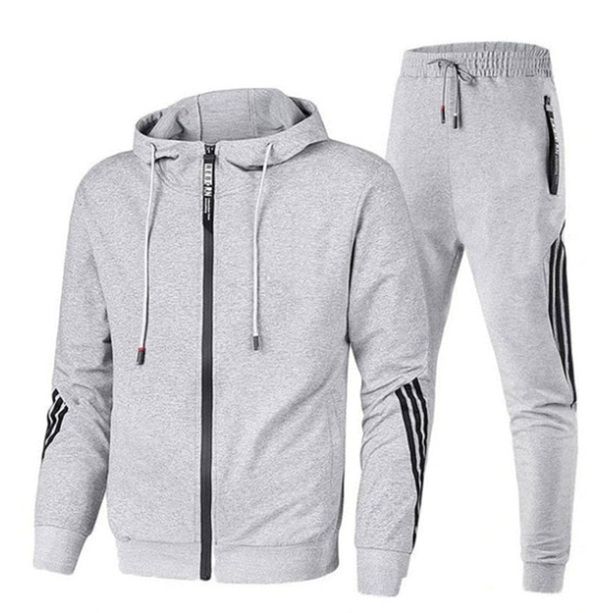 Gray hooded tracksuit with black stripes, flat lay jacket and pants | Chaps London