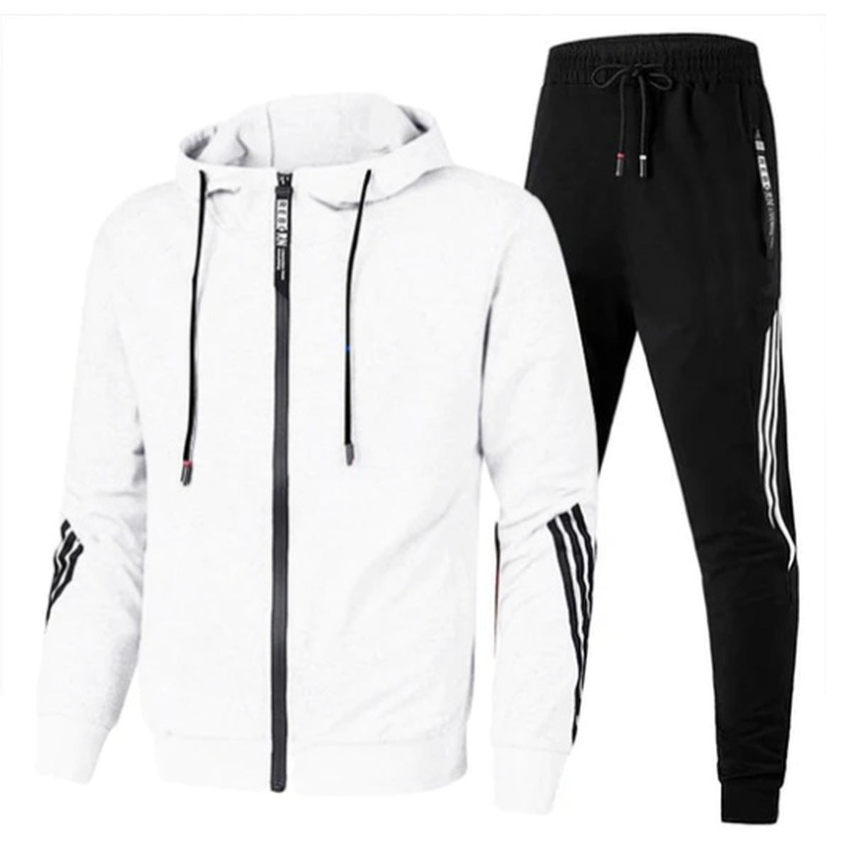 White hooded tracksuit with black striped sleeves, paired with black striped joggers | Chaps London