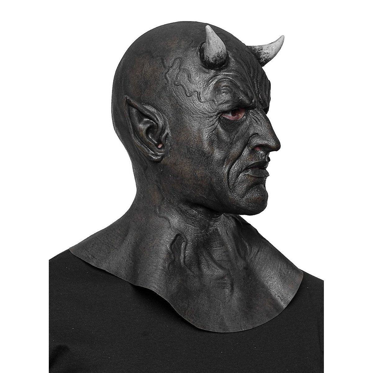 Black demon mask with horns and pointed ears, worn by mannequin | Chaps London