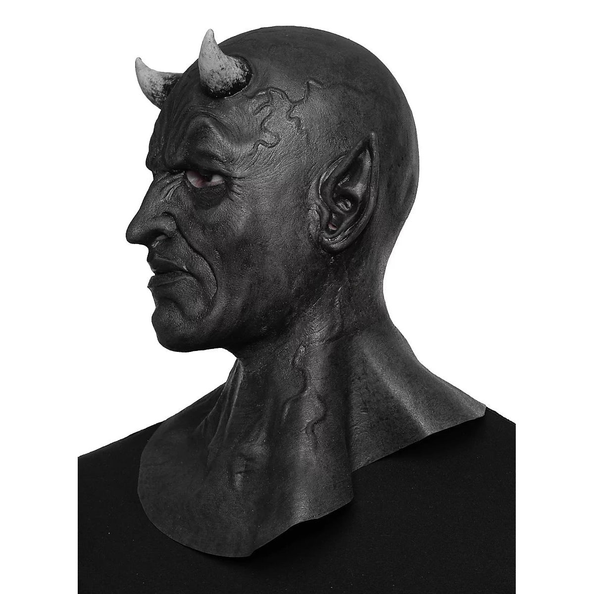 Black demon mask with horns and pointed ears, side profile view | Chaps London